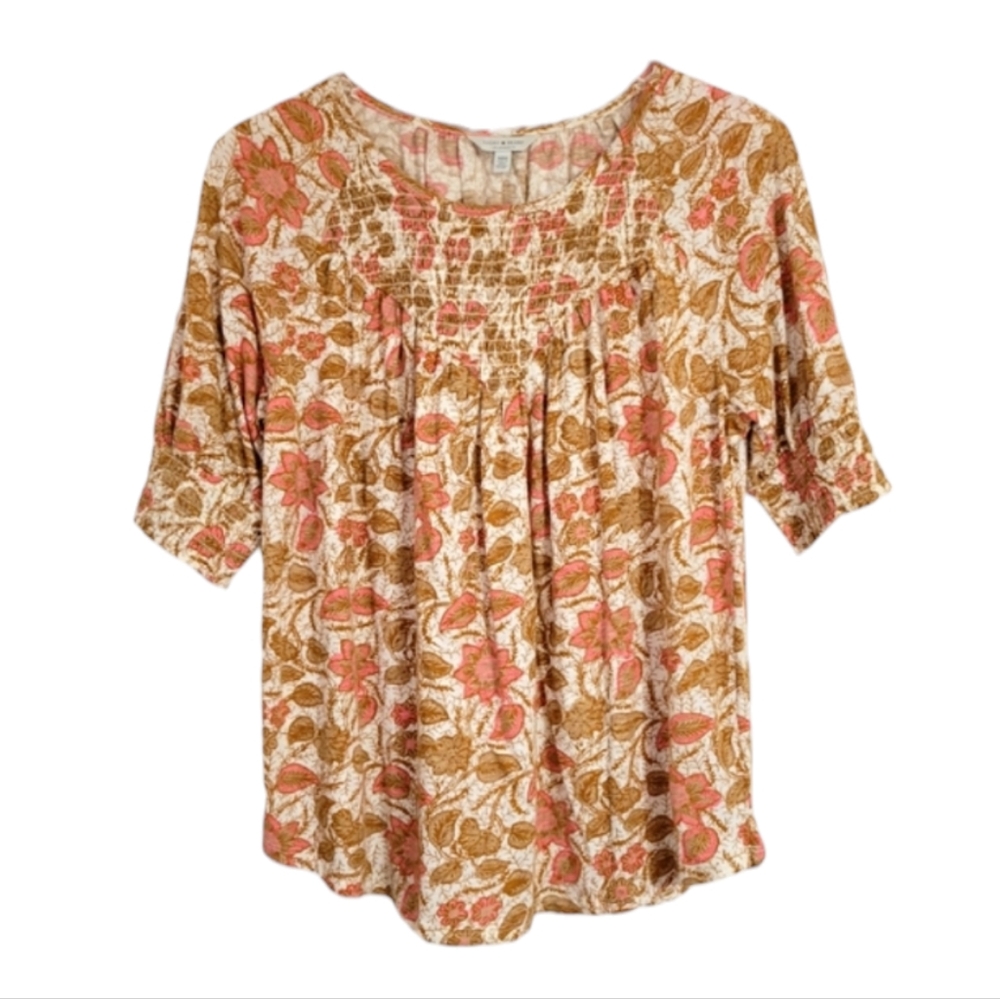 Lucky Brand Floral Pink Brown White Multi Short Sleeve Smocked Top Blouse Medium